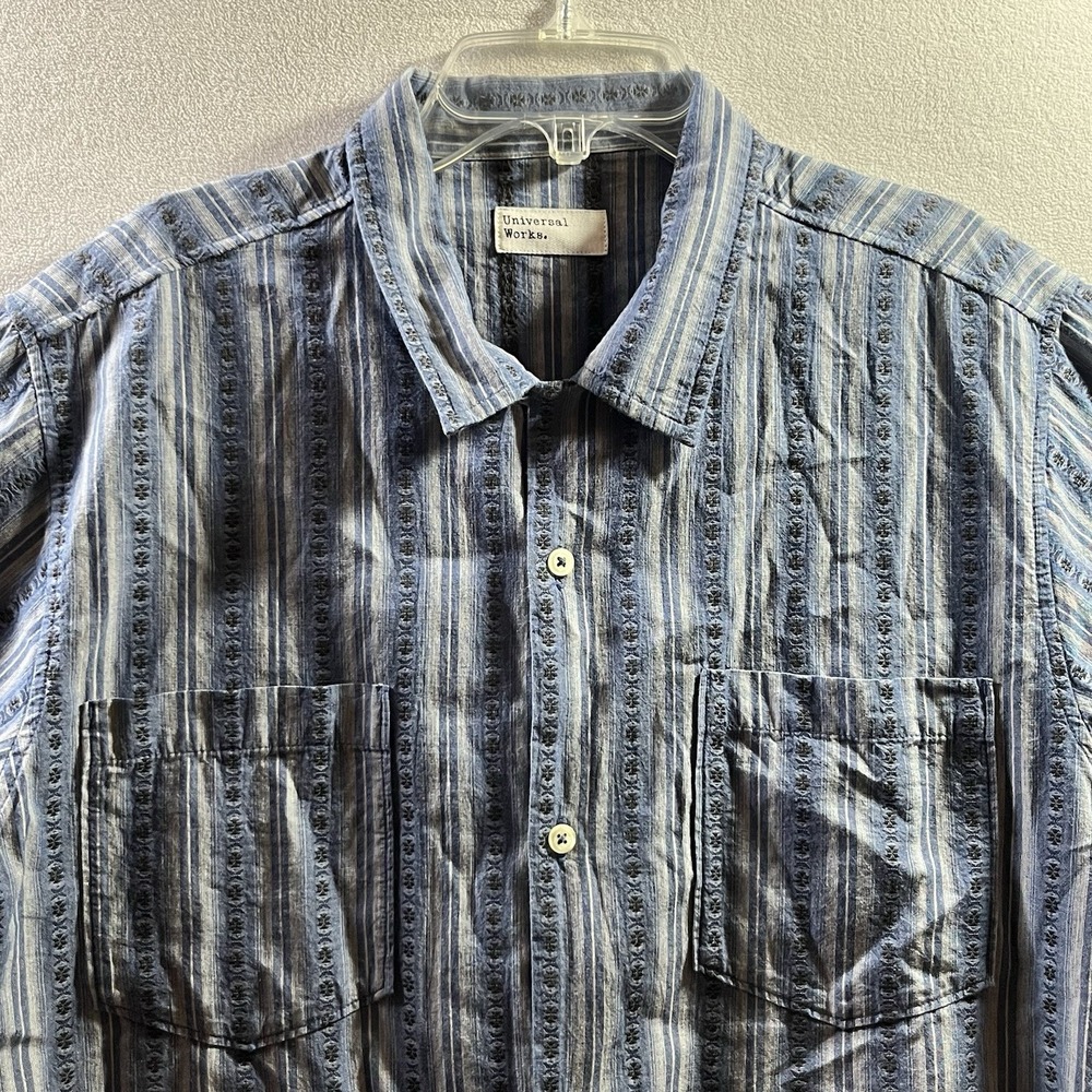 Universal Works Road Summer Shirt Mens Short Sleeve Button Up L Blue Stripe 4 Po